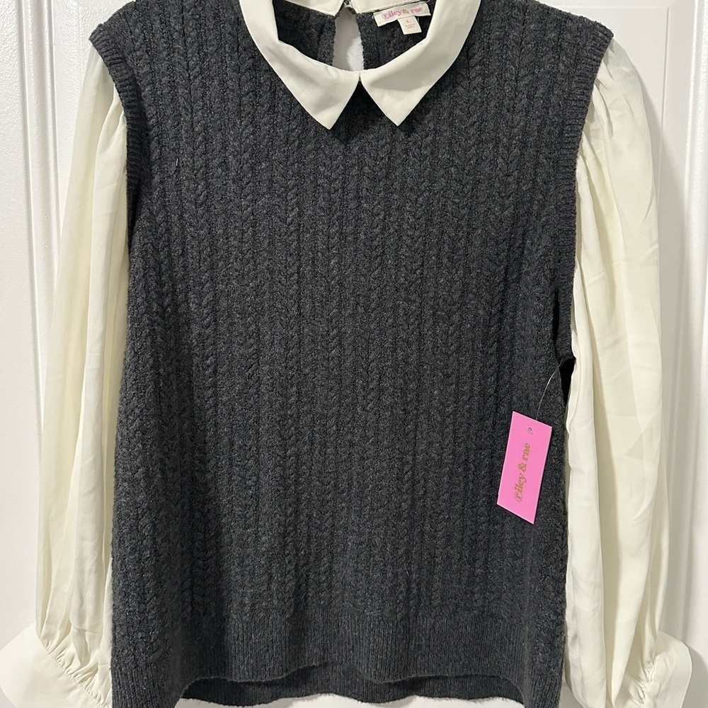 Riley & Rae Charcoal Knit Vest with Ivory Collar, Size Large, New - Picture 9 of 14